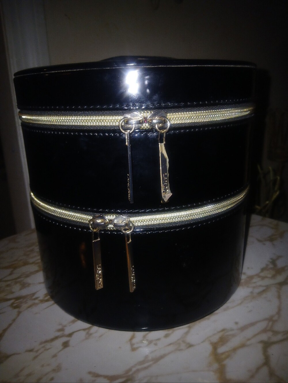 Black faux patent leather Lancôme Cosmetic Bag.